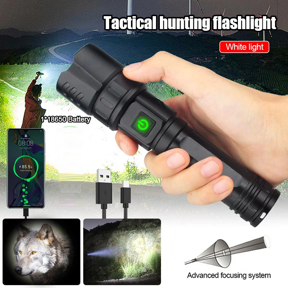 High Power Military Tactical Green Hunting Flashlight 10W 1800lumens 5 Lighting Modes LED Torch Zoomable Camping Hand Lamp