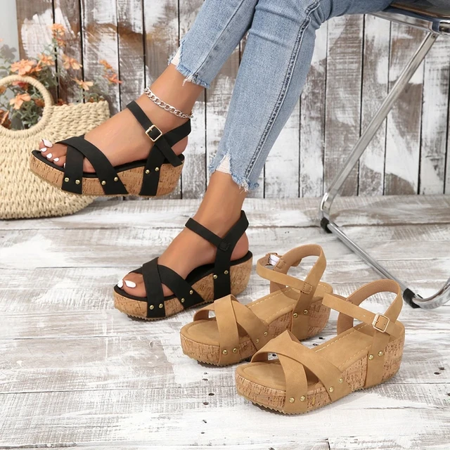 Platform Wedge Sandals Fashion Roman Buckle Peep Toe Heels Women s Shoes 2024 Summer Trend Black Leisure Lightweight Rubber Sole AliExpress