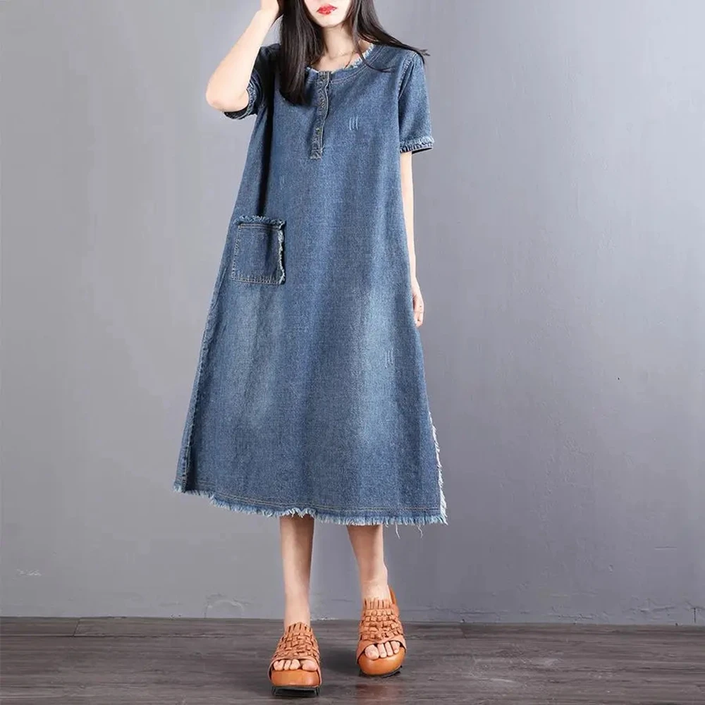 2023 Summer Women\'s Casual O Neck Short Sleeve Jean Dresses Female Pullover Denim Loose Mid Calf Dress