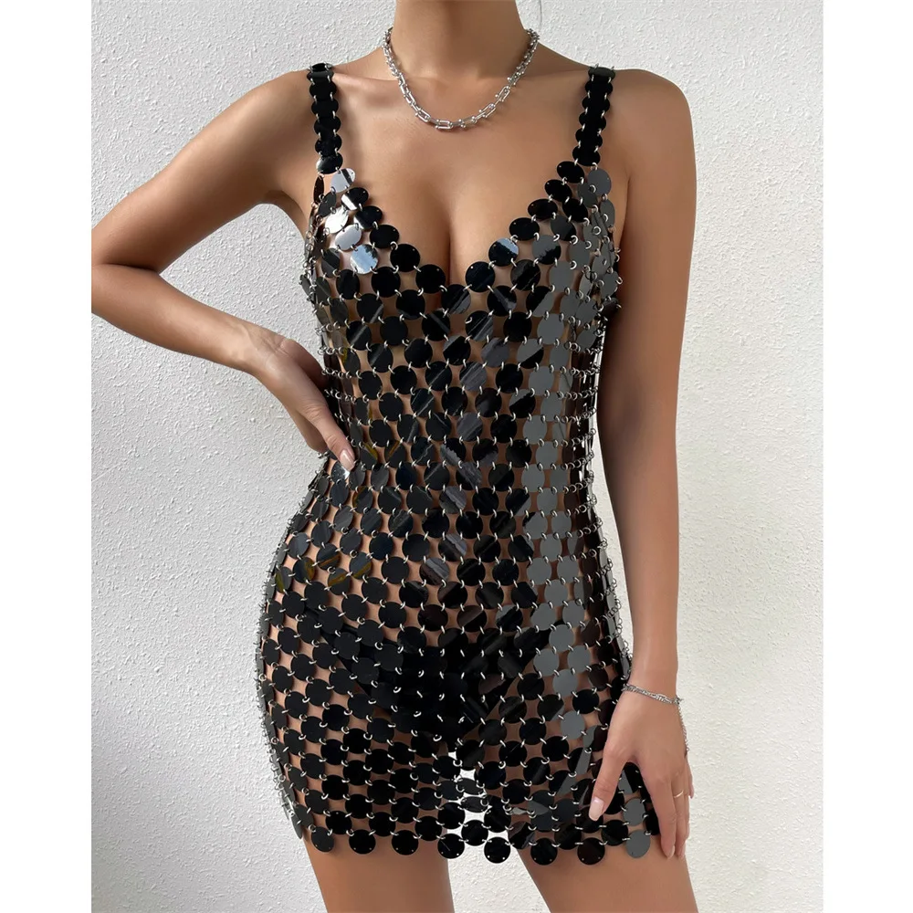 

Сексуальные клубные платья 2025: Черное платье с крупными пайетками, блестящими бретелями, короткое коктейльное платье для вечеринок, дискотек и ночных клубов 0822