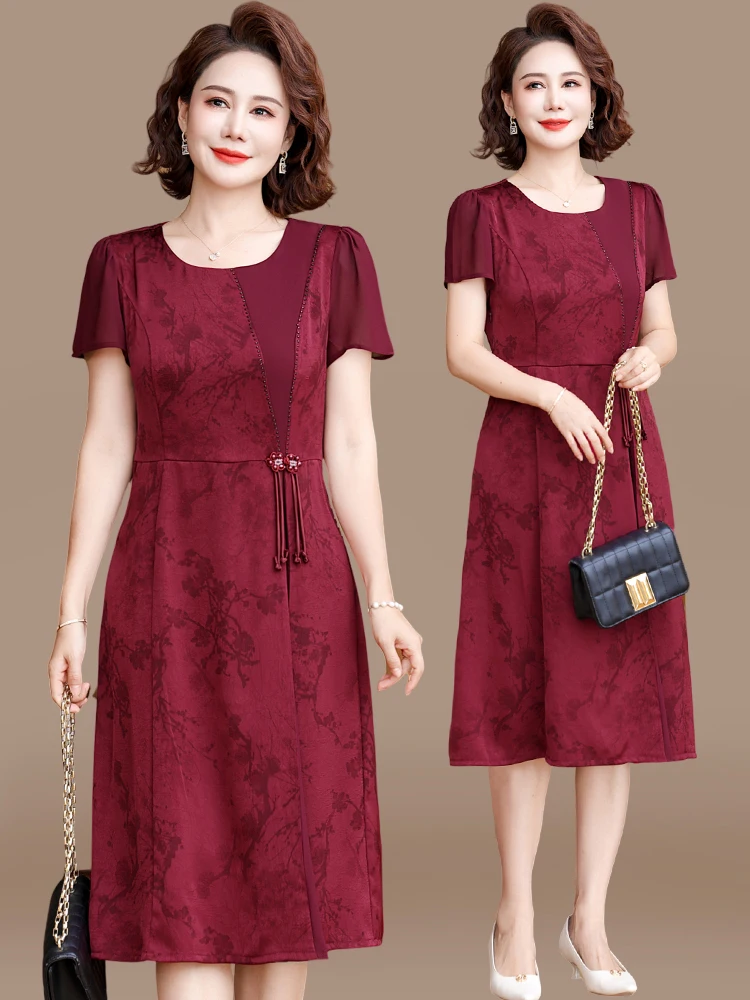 

Stylish Short Sleeve Wedding Dress for Mom Middle-Aged And Elderly Women Summer Fashionable Clothing Korean Style round Neck ...