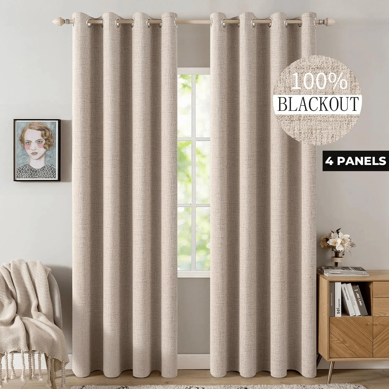 4pcs Set of 100% Blackout Linen Textured Curtains for Bedroom, Sound Reduction and Heat Thermal Insulation, High‑Quality Soft Fabric Window Curtains, Durable Metal Ring Grommet Top Design, Full Light Blocking Drapes, Luxury Home Decoration for Living Room