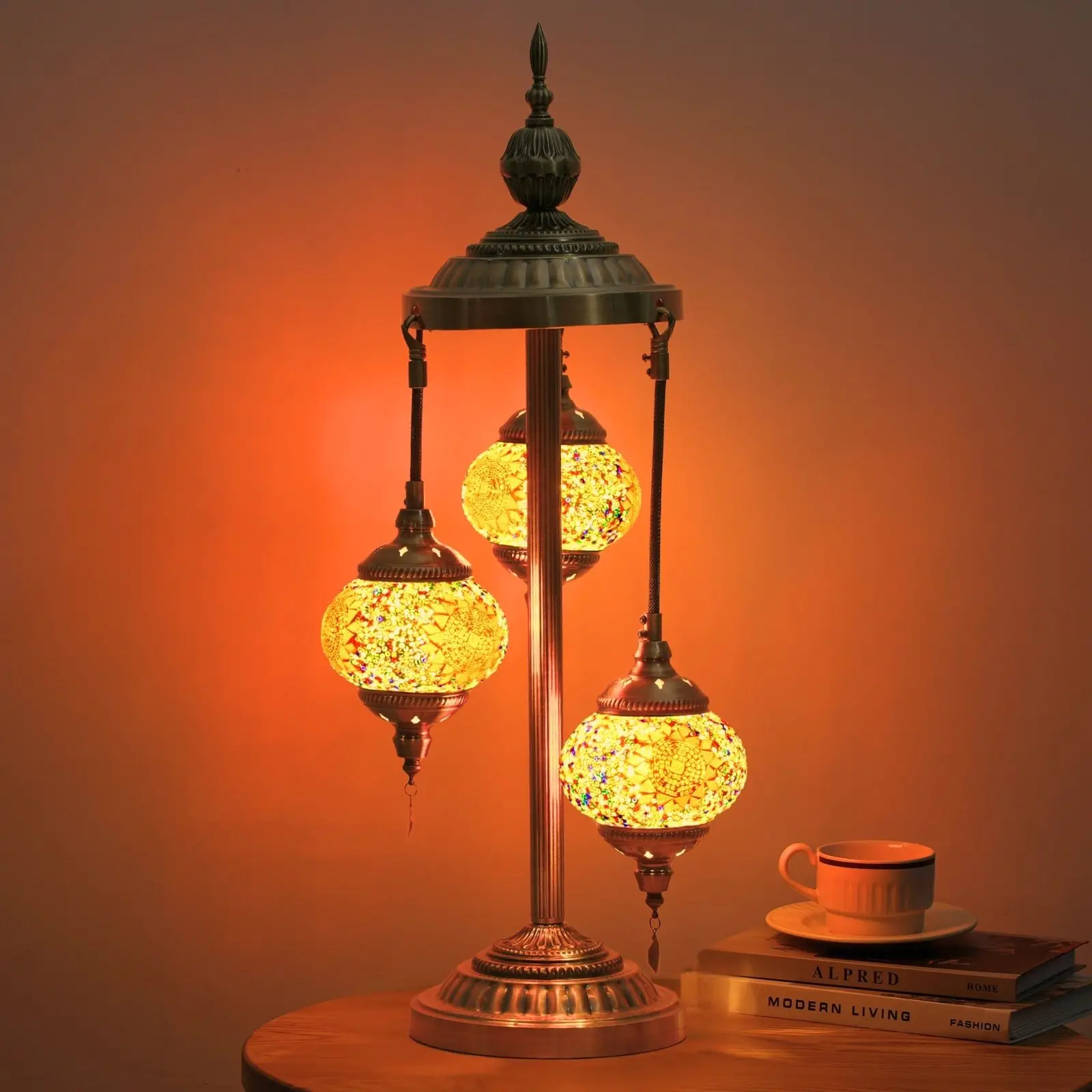 Turkish Mosaic Table Lamp 29.5" - 3 Globe Handmade Bohemian Glass, Metal Base Mood Lighting with LED Bulbs, Living Room