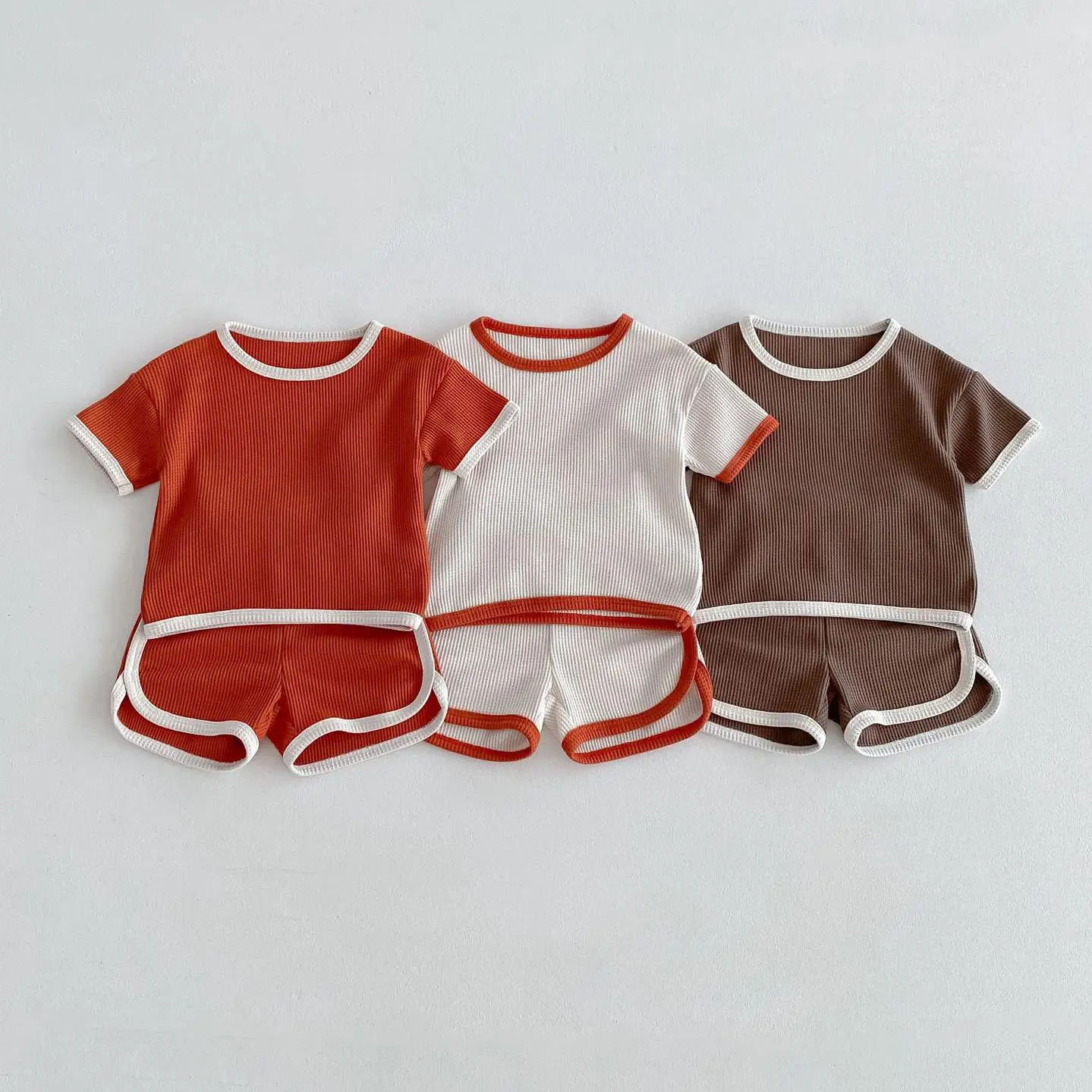 Summer Kids Waffle Tracksuit Boy Girl Children Thin Cotton Short Sleeve Tops + Shorts 2pcs Baby Casual Comfortable T-shirt Suit