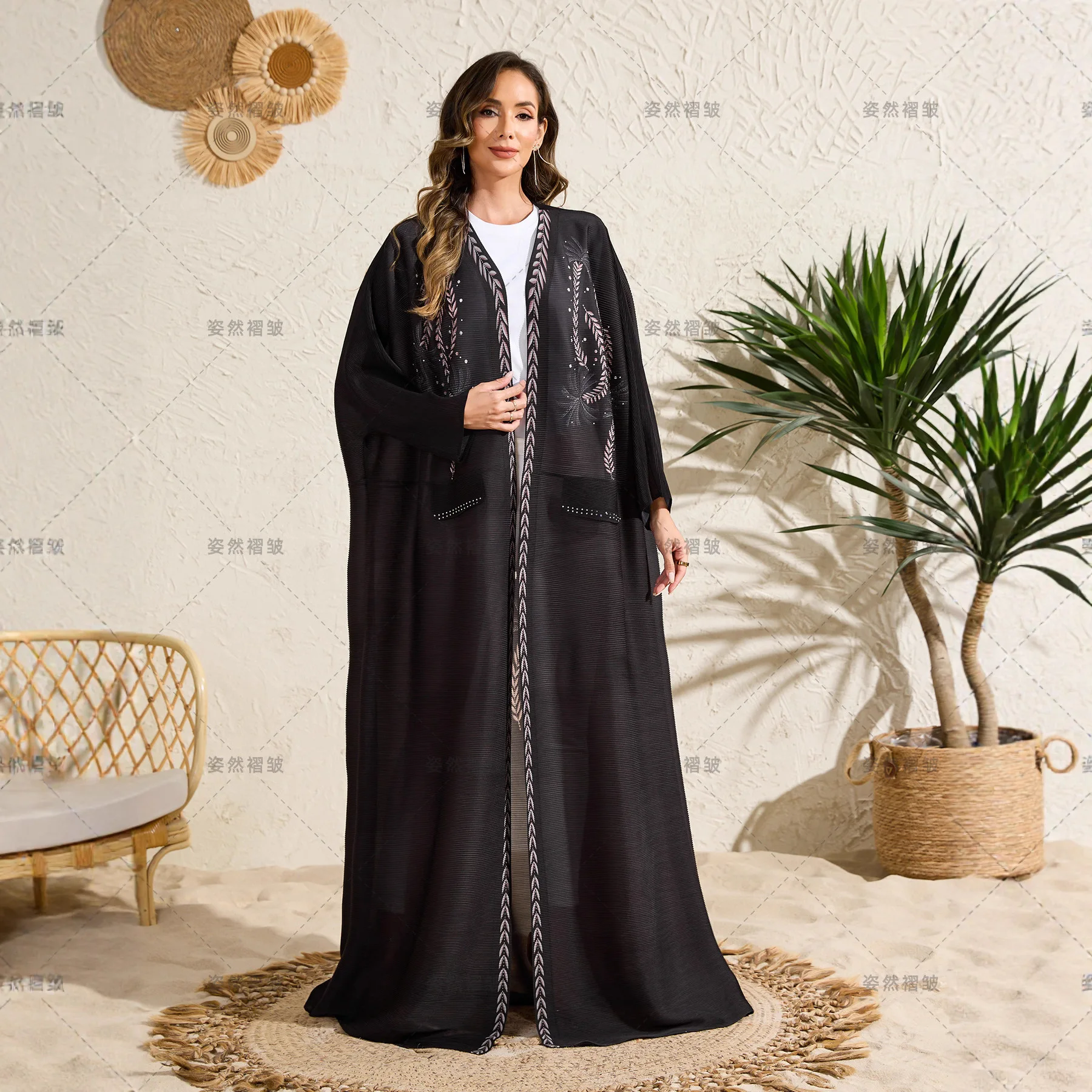 

Miyake Pleated Abaya Cardigan Robe for Women Pleated Print Long Sleeve Trench Coat Saudi Arabia Elastic Loose Women's Clothing