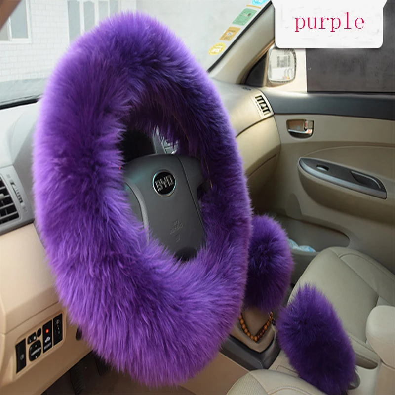 3PCS Genuine Sheepskin Steering Car Wheel Cover Real Fur Auto Plush Warm Fluffy Fuzzy Car Accessories For Women Girl