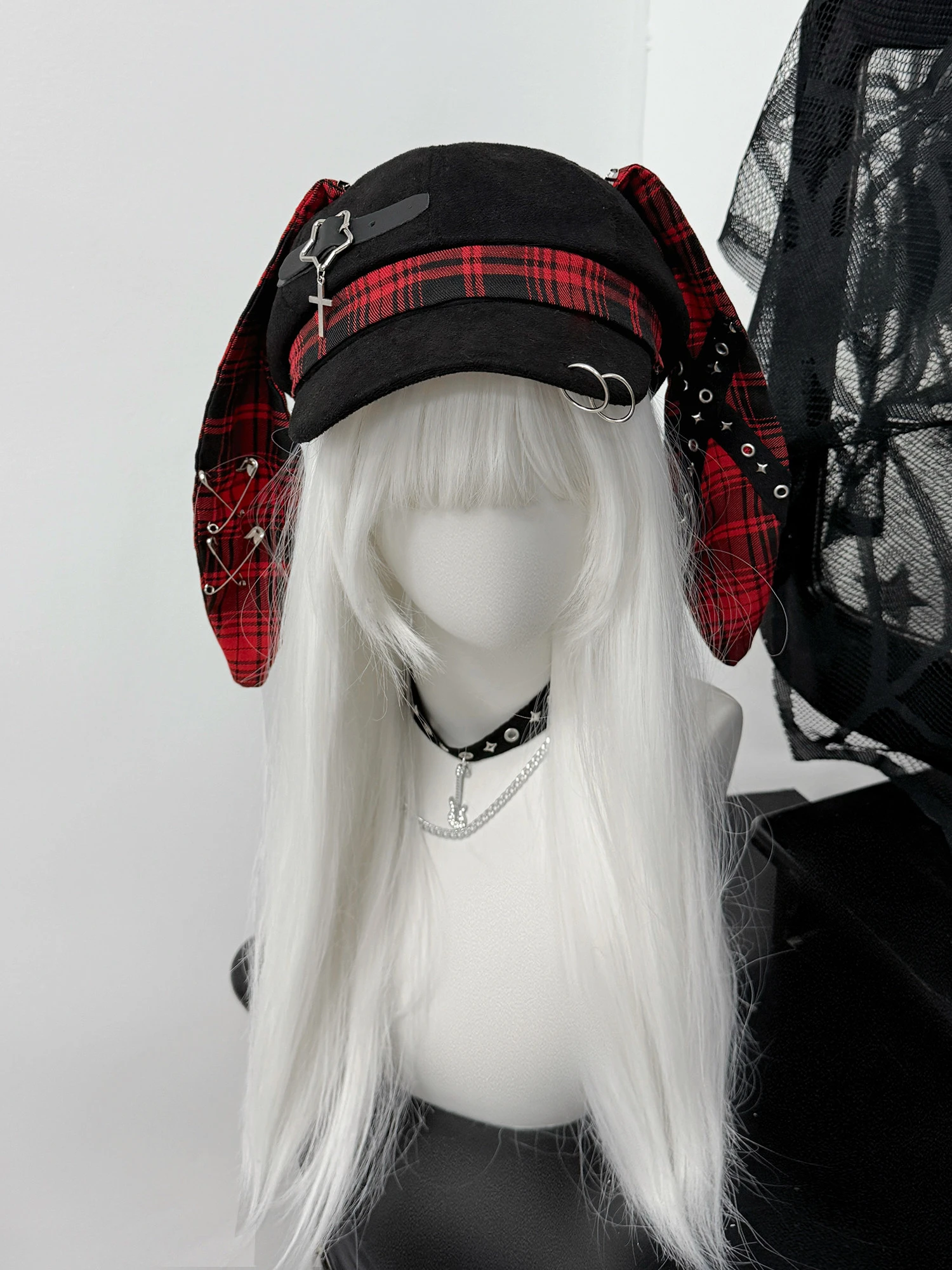 women's-gothic-plaid-bunny-ear-beret-hat-with-cross-pin-adjustable-y2k-streetwear-fashion-cap