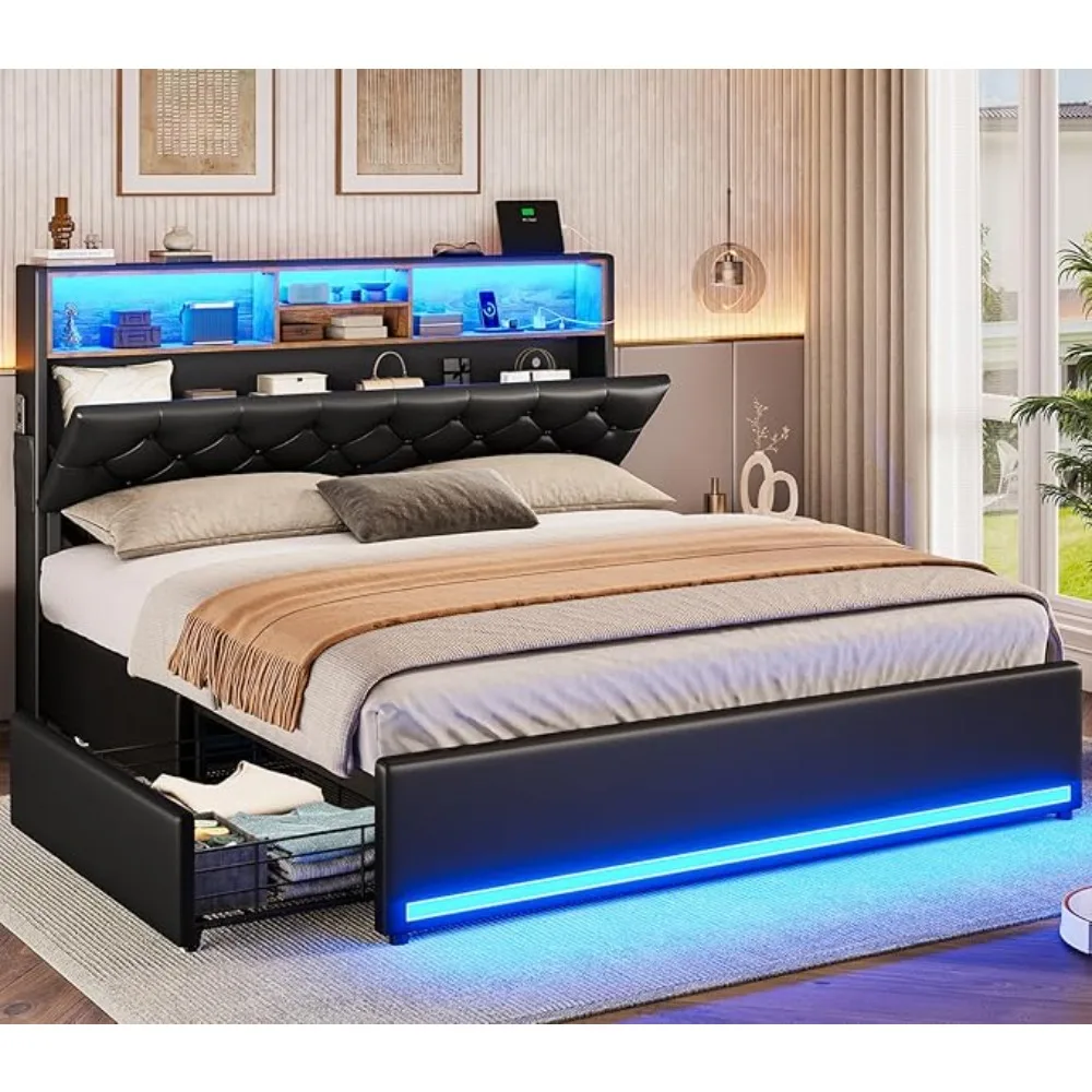 Full Size Bed Frame with Charging Station & 4 Drawers Bed Frame with Headboard Storage Upholstered Metal Bed Frame