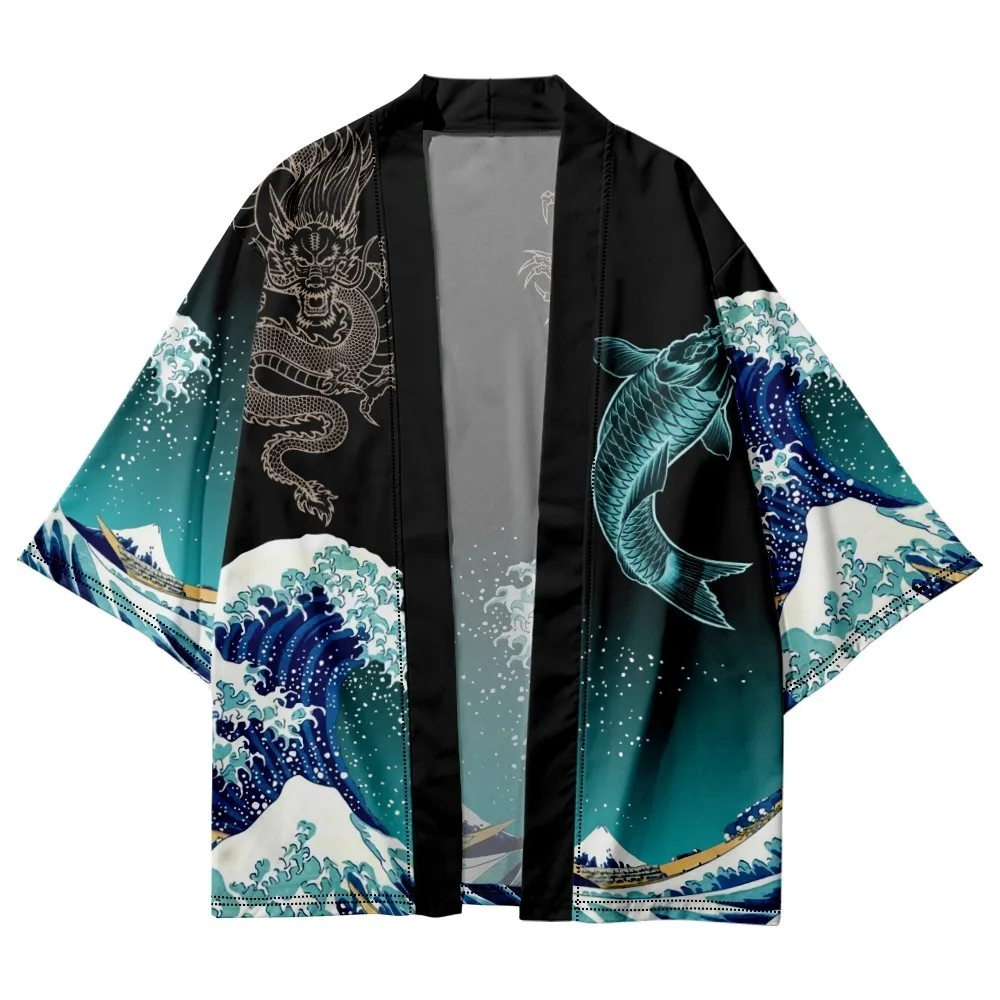 

Funny Chinese Loong 3D Carp Pattern Japanese kimono Summer Casual Unisex Cardigan Top Fashion Loose Five Point Sleeves Men Shirt