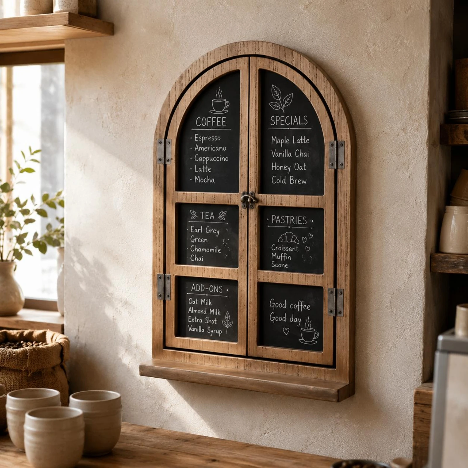 Arched Window Blackboard Wood Grain Wall Blackboard Menu Board Built-in Shelf Room Decor Paneled for Cafe