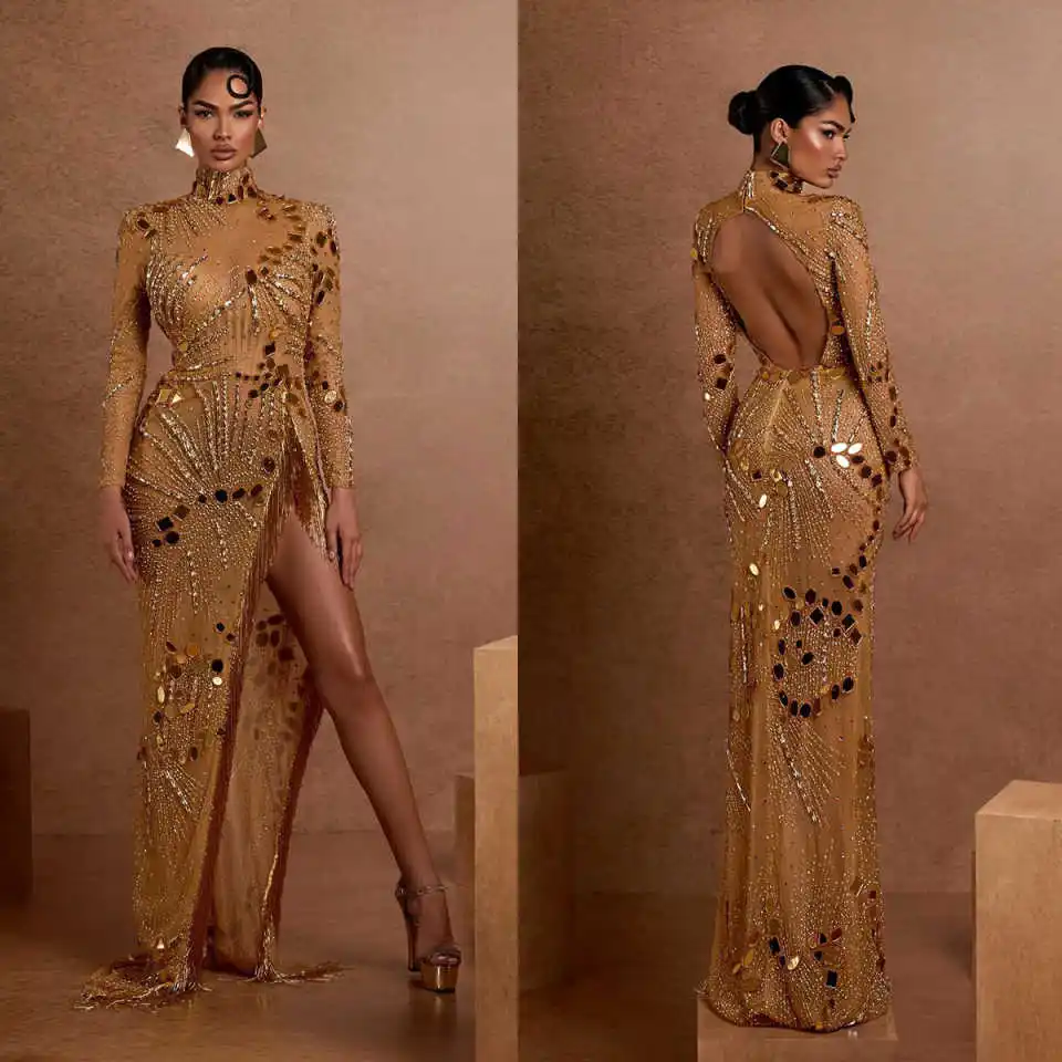 

Graceful Evening Dresses Mermaid Strapless Sequined Backless Long Sleeve Prom Gowns Party Dresses Custom Made Robe De Soirée