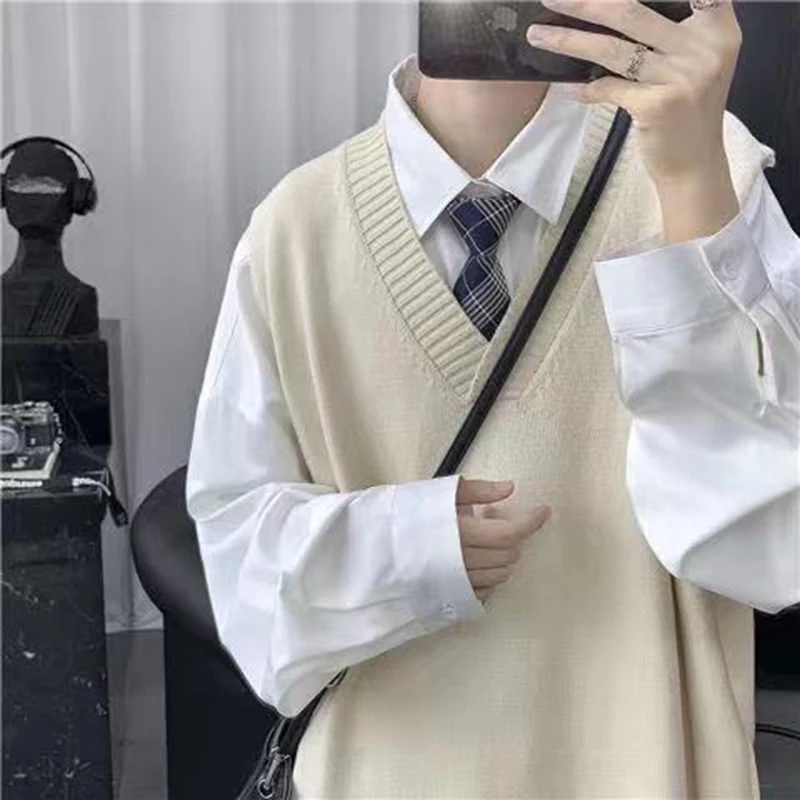 Vintage outono inverno homens v pescoço camisola colete de malha harajuku casual oversized alta qualidade combinando pulôver sólida escola topo