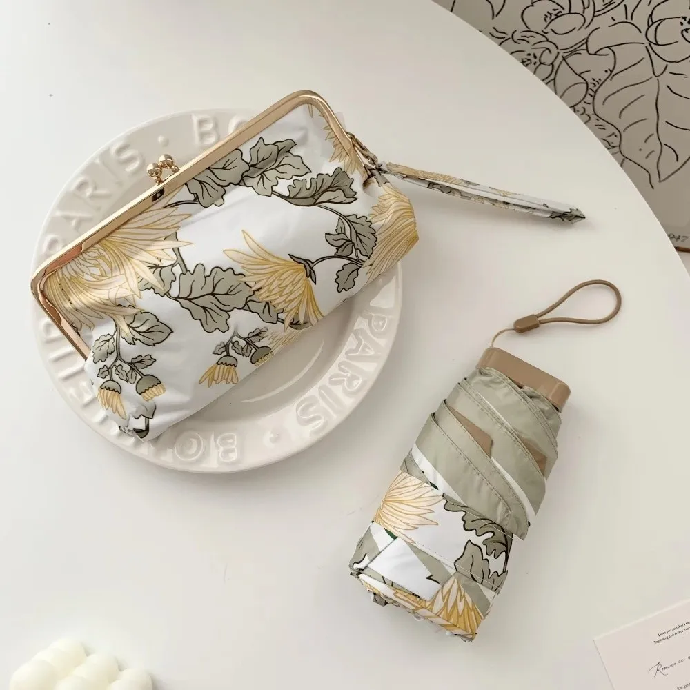 Folding Mini Sun Umbrella UV Protection Dual Use Pocket Rain Umbrella with Wallet Floral Pattern Sun Shade Umbrella Summer
