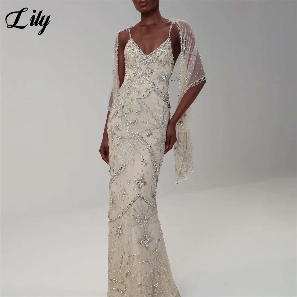 Lily Light Yellow Evening Dress Spaghetti Straps Formal Gown Beaded Mermaid Night Dresses with Cape Prom Dresses Customized