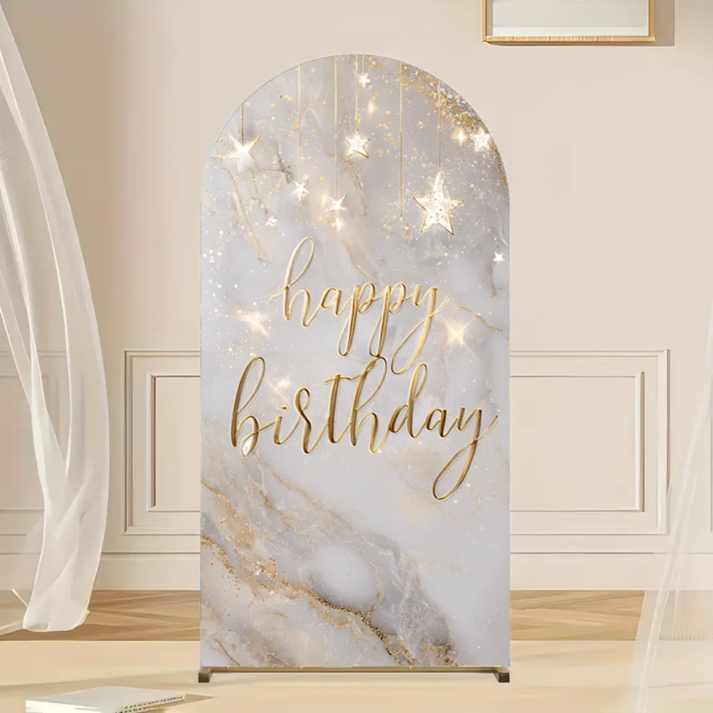 White Gold Marble Texture Happy Birthday Arch Backdrop Cover Luxury Minimalist Theme Party Decor Photo Booth Background Supplies