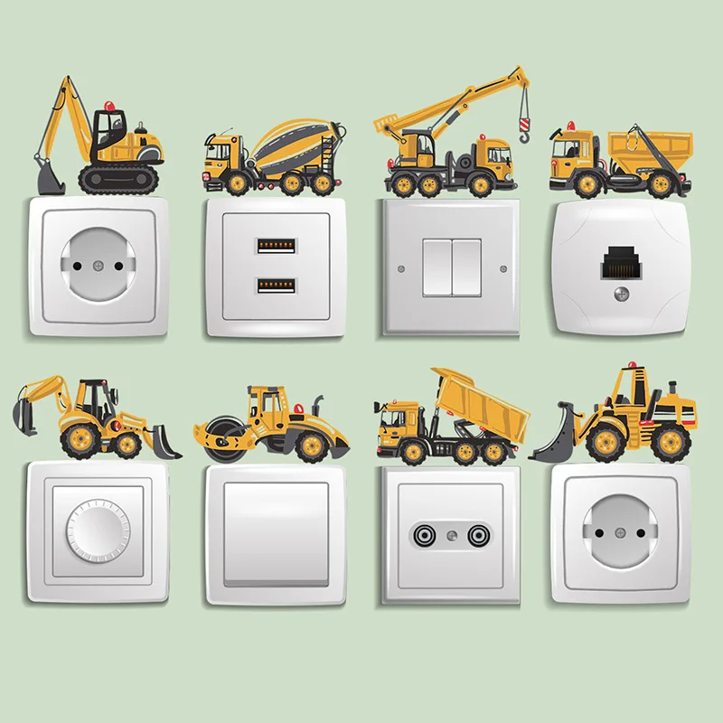 Cartoon Nordic Crane Excavator Tractor Switch Sticker Kid Baby Bedroom Decoration Self-adhesive Home Decor Child Wall Decals