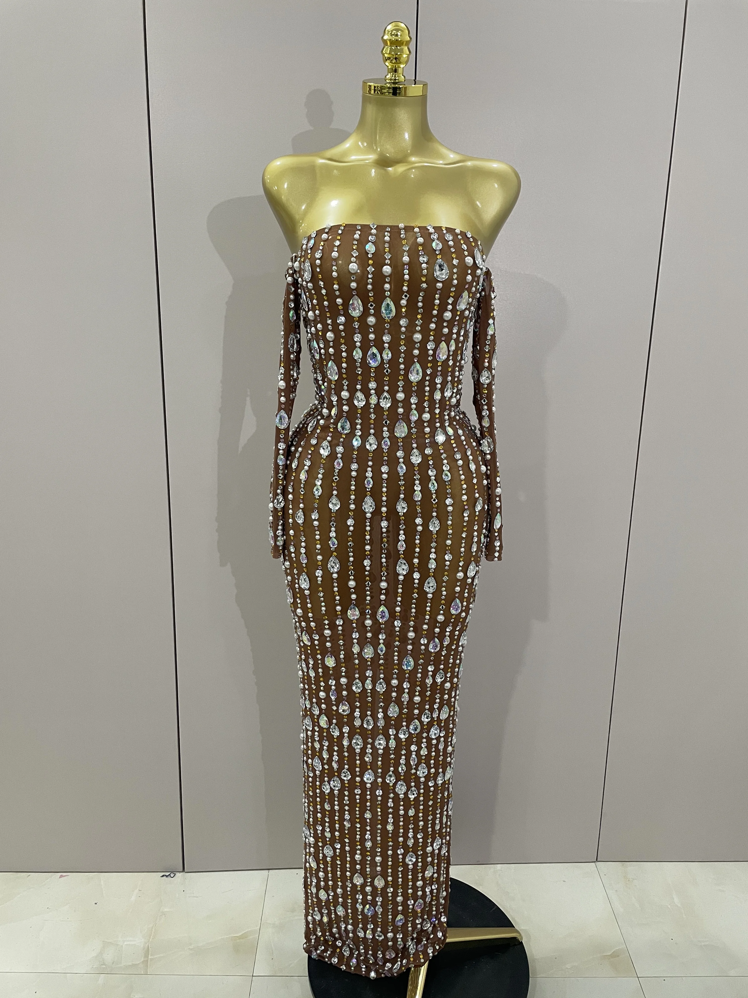 

Блестящие перчатки без бретелек с бриллиантами, сетчатое длинное платье-футляр, 2025 г., женский элегантный костюм для дня рождения, вечеринки, клуба, сценического костюма