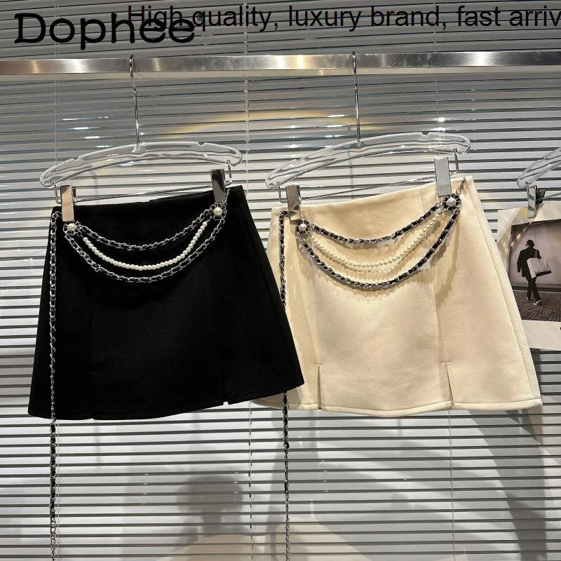 

Женская короткая юбка с жемчужной цепочкой, Элегантная черная шерстяная трапециевидная мини-юбка-футляр в Социалистическом стиле, весна 2023