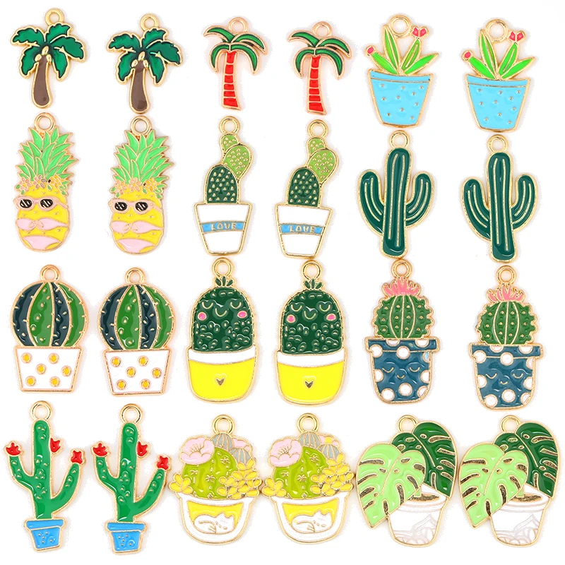 

15Pcs/Set 28*15MM Cute Enamel Cartoon Green Plant Cactus Pineapple Charm Pendant Necklace Keychain DIY Handmade Accessory Gift