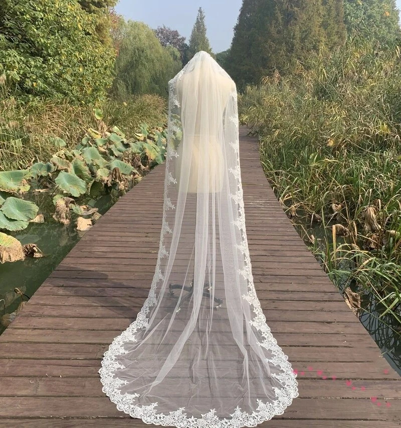 

3-метровая изысканная соборная фата с расческой, однослойная кружевная фата с аппликациями по краям, прозрачная фата из тюля, фата для свадебного платья
