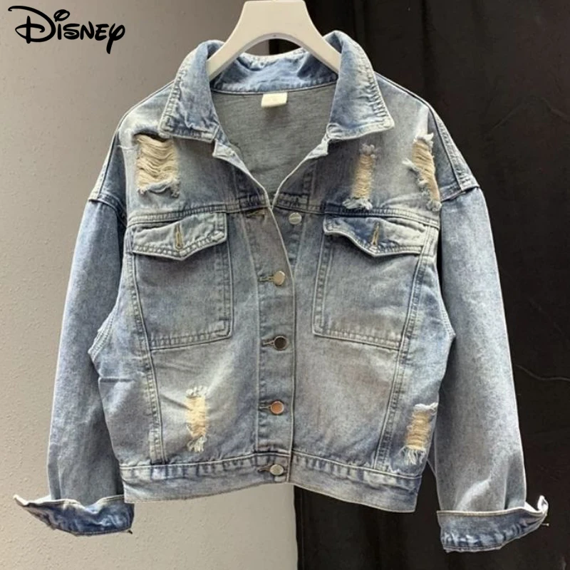 Disney New Arrival Top Fashion Autumn Cotton Loose Casual Cartoon Mickey Mouse Print Beaded Embroidery Destroy Wash Denim Jacket