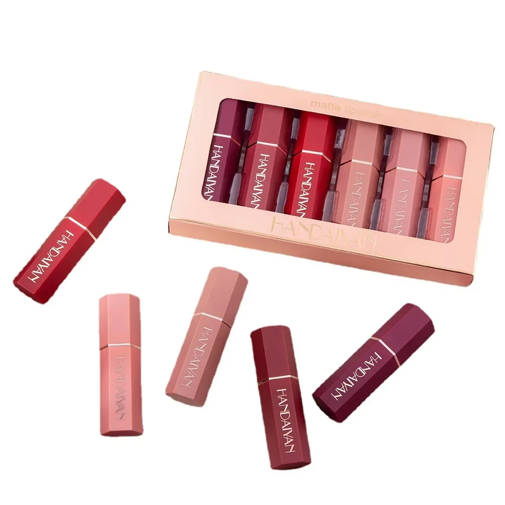 6 farben Matte Samt Lippenstift Set Nicht-Färben Langlebig Rot Lippenstift Box Sechseckigen Frauen Make-Up Geschenk Wasserdicht Matte lippenstift