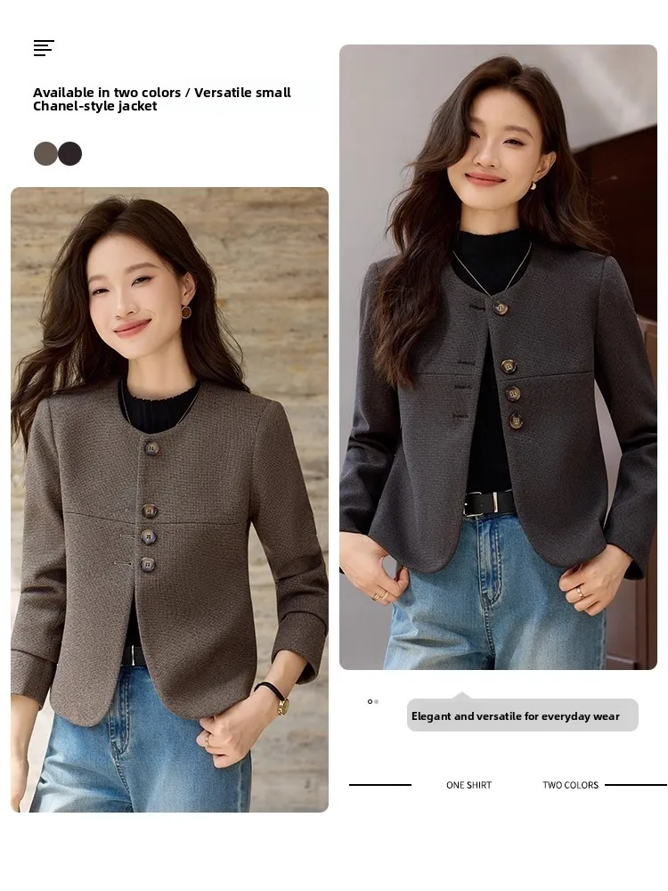 Caramel Woolen Suit Jacket Women's 2026 New Autumn Elegance High-End Short Style Commute Loose Fit Long Sleeve round Neck