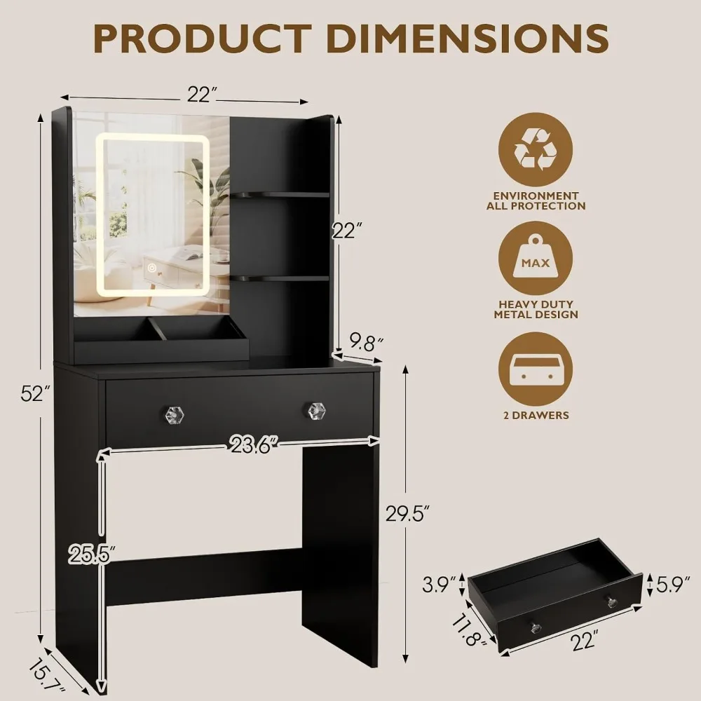 24 inch Small Vanity Desk with Lighted Mirror and Power Outlet for Bedroom