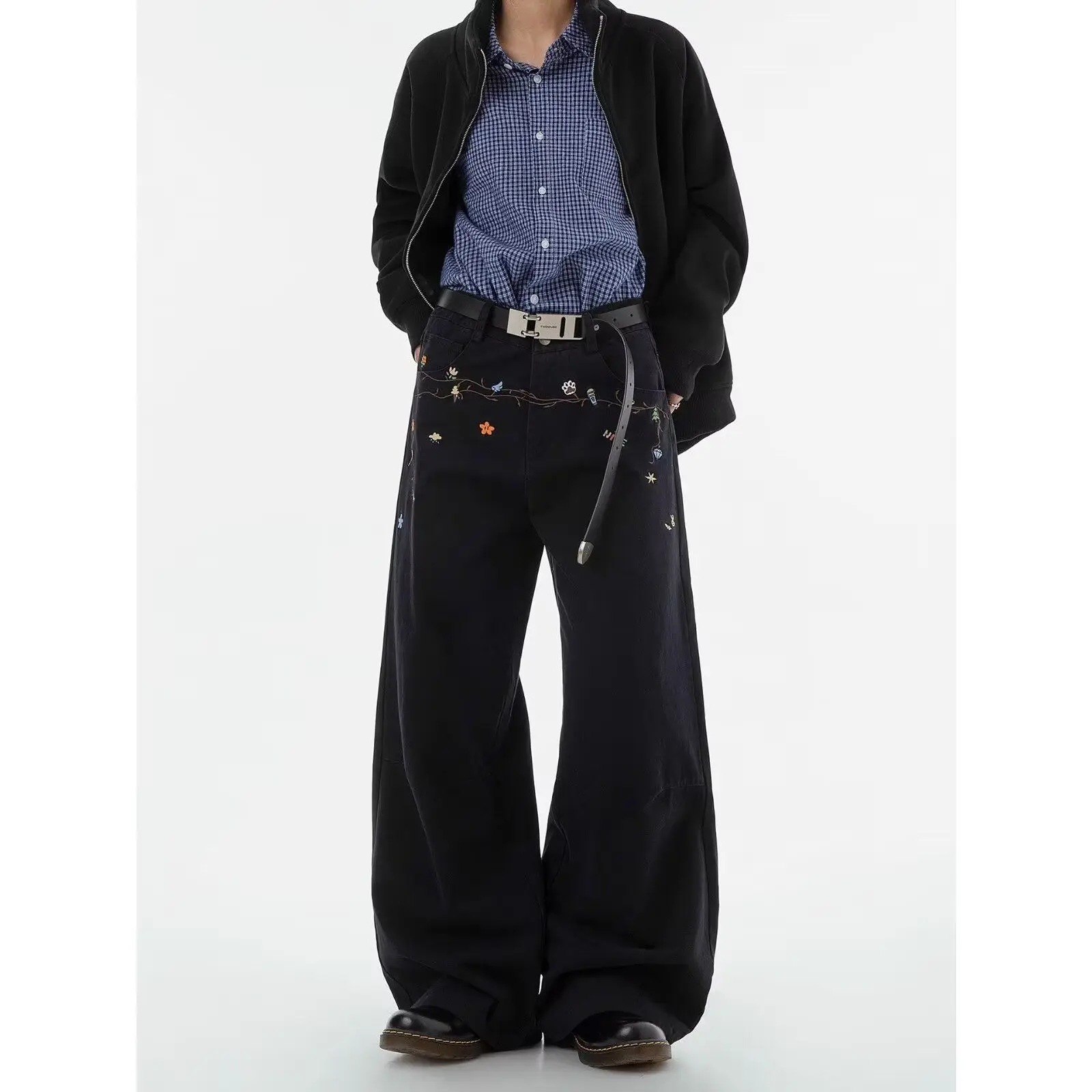 Men's Fashionable Embroidery Patterns Casual Pants Retro Bottom Boys Wide Legs Thin Sweatpants Male High Waist Loose Trousers