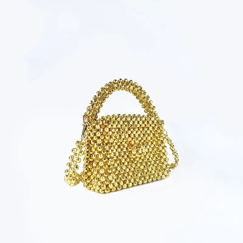 New Gold Acrylic Beaded Crystal Bags Metal Texture Handheld One Shoulder Crossbody Chain Customized Women\'s Small Square Bag