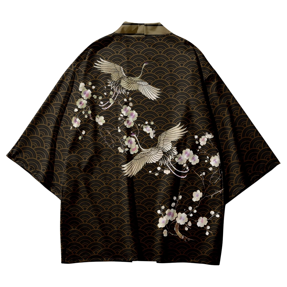 

Japanese Crane Floral Print Traditional Kimono Women Men Yukata Cardigan Shirts Haori Oversized Streetwear Tops Plus Size 6XL