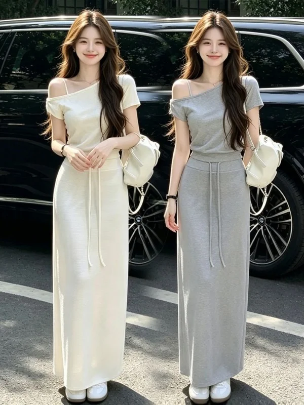 Korean Style Gentle Women's Summer 2026 High Waist Short Sleeve Top And Half Skirt Two-Piece Set Slimming Effect Fashionable