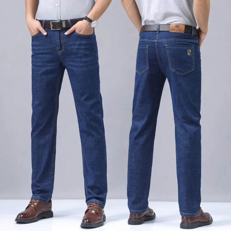 Jeans da uomo in Denim moda Casual di marca pantaloni dritti da lavoro elastici moda comodi pantaloni da gentiluomo quotidiani neri blu