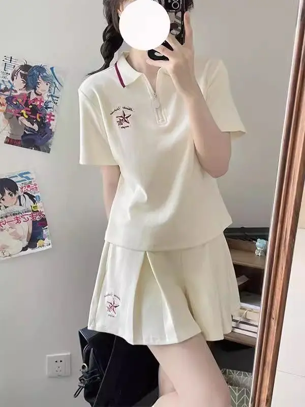 

Summer Sports Suit for Women Korean Loose Polo Collar Short Sleeve Top + Cute Shorts Preppy Style Women Two Peice Sets Y2k Suits