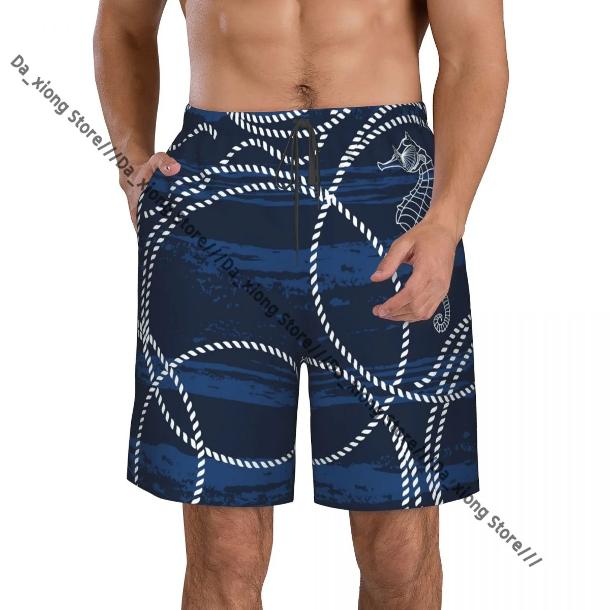 Seahorses And Marine Ropes Navy Print Quick Dry Swimming Shorts For Men Swimwear Swimsuit Trunk Bathing Beach Wear