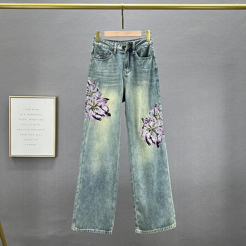 Women's Jeans High Waist Flowers Beading Pearls Sequins Straight Wide Leg Denim Trousers 2023 Spring Autumn New Fashion