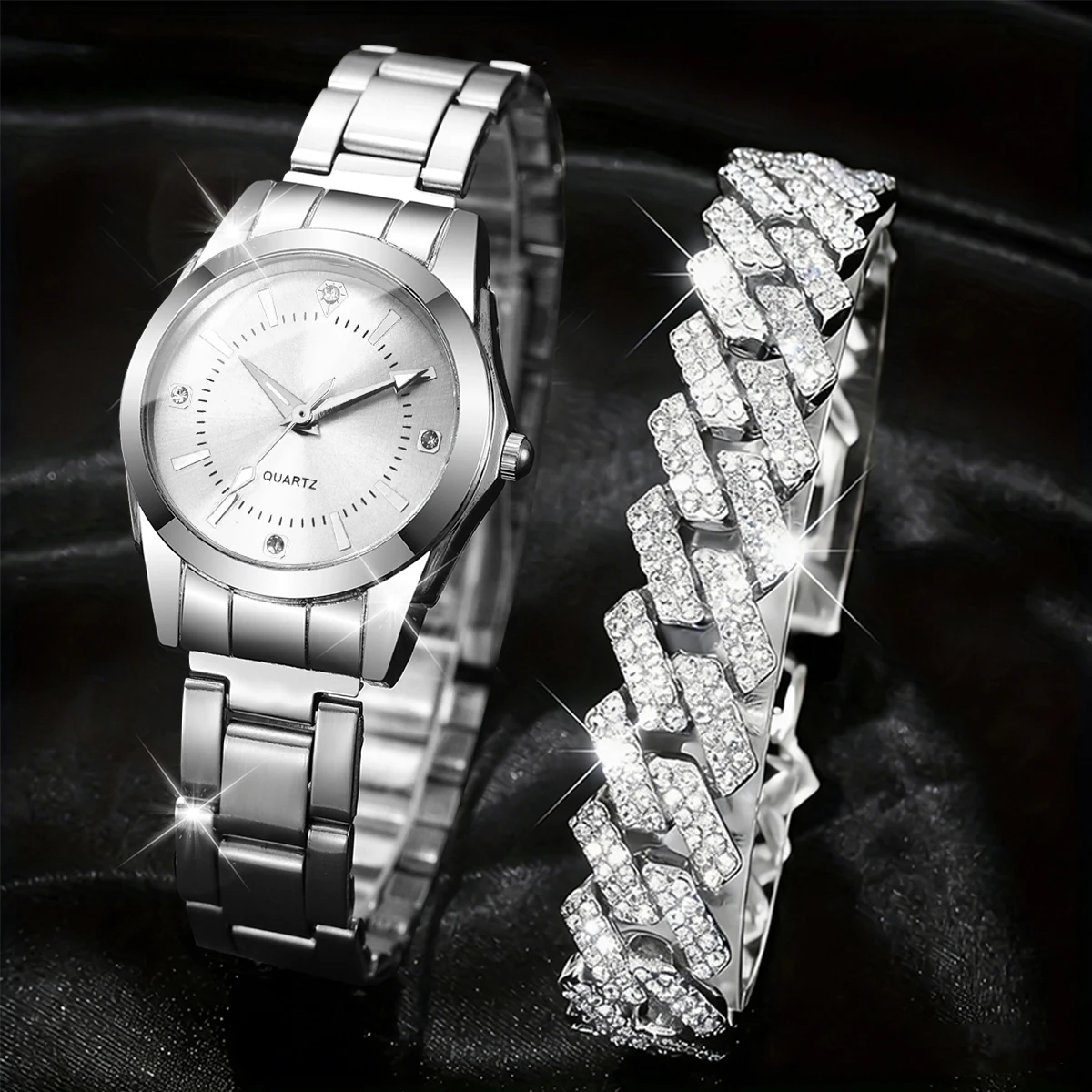 2PCS Luxury Rhinestone Women Watch Bracelet Set Stainless Steel Band Quartz Wristwatch Relogio Feminino Girls Clock（Without Box）
