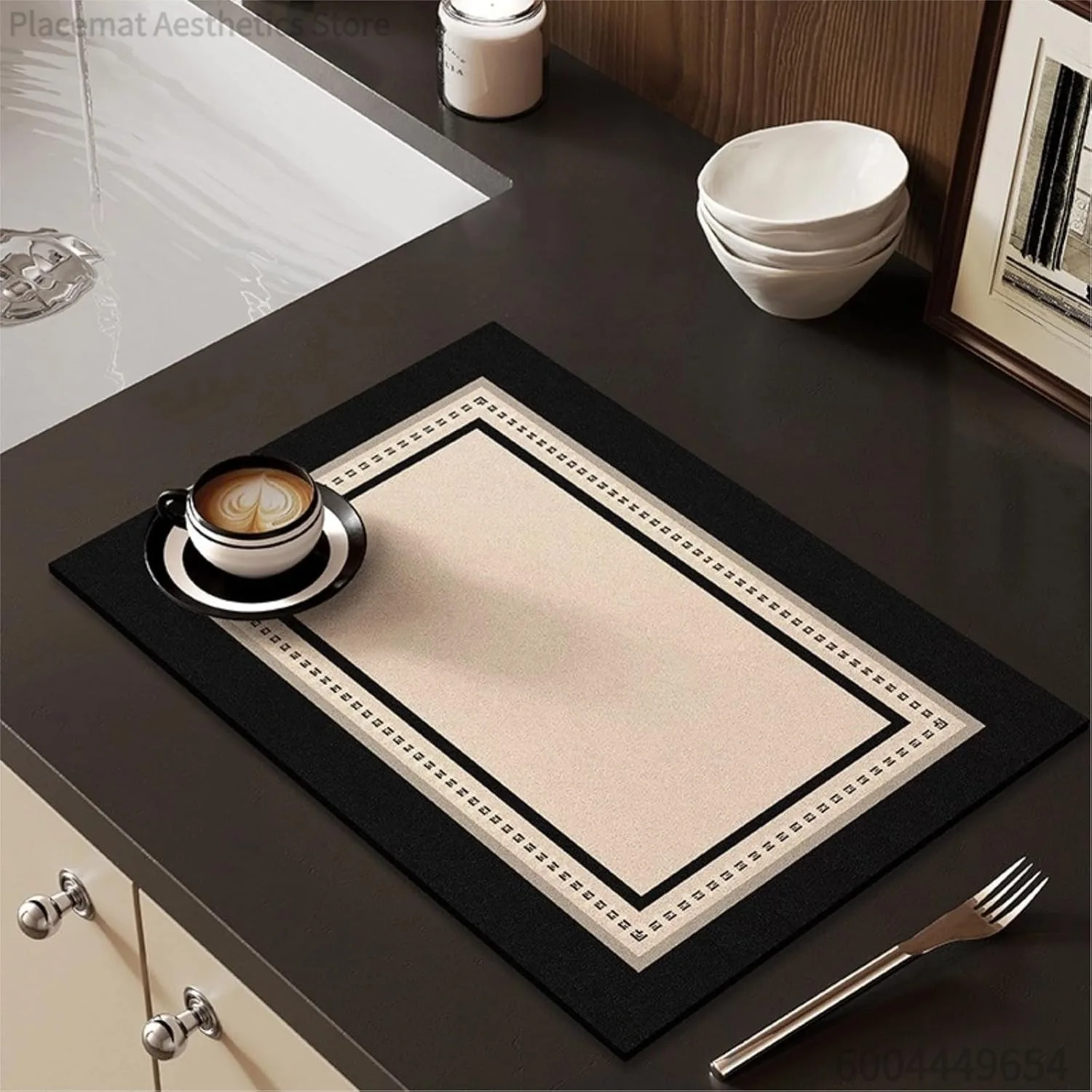 Geometric Border Line Print Super Absorbent Drying Mat Waterproof Kitchen Coffee Drain Pad Decor Placemat