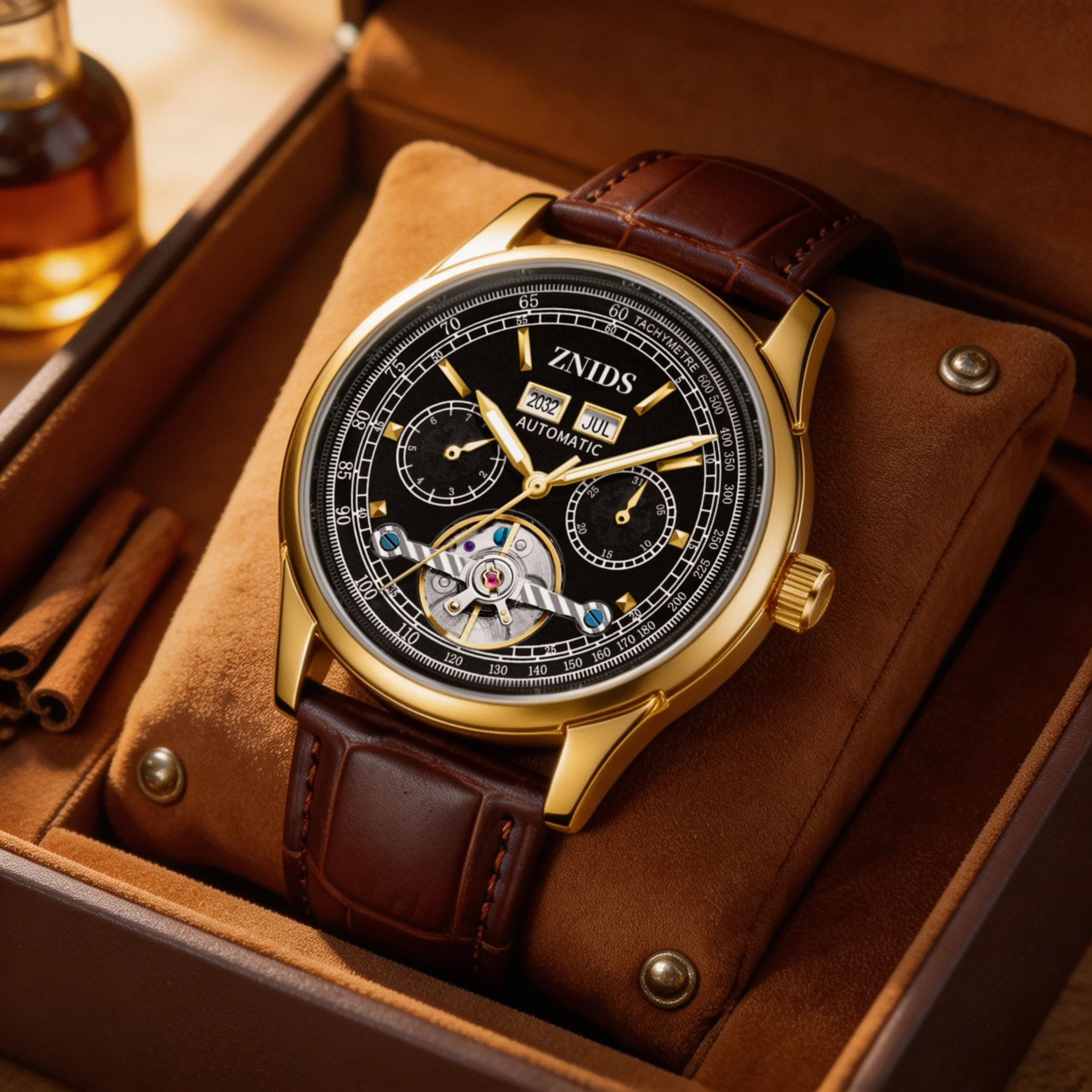 High-End Business Men's Watch with Tourbillon Automatic Mechanical Movement, Skeleton Design, Date and Month Display, Multifunctional, Round Dial, Analog Watch, Leather Strap, Waterproof Design, High-Precision Movement Suitable for Men, This Elegant Watch Is an Excellent Gift and Is Ideal as a Choice for Birthdays, Anniversaries, and Special Occasions.