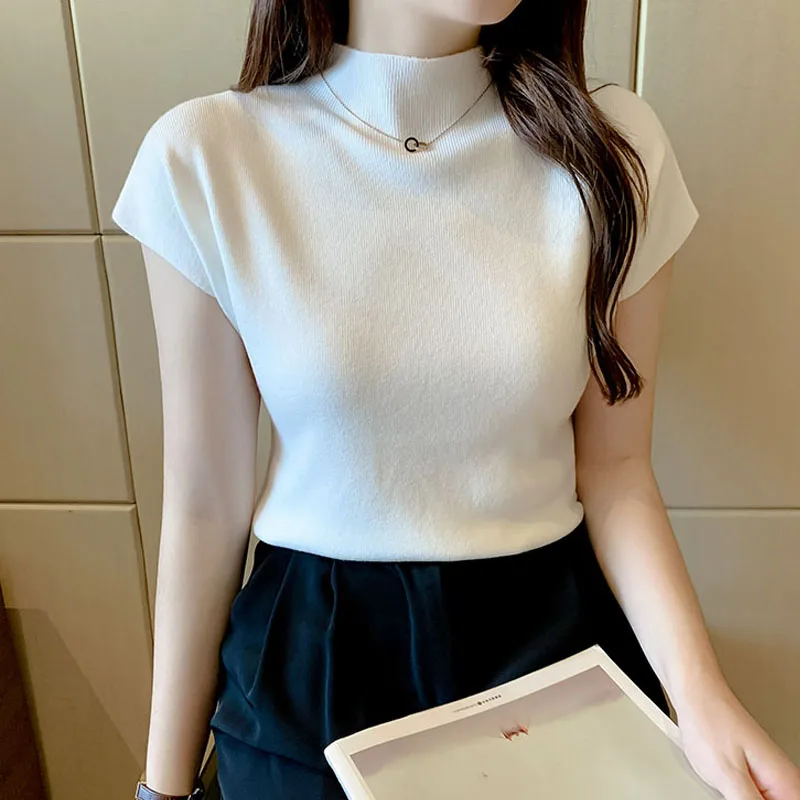 

Вязаный свитер, женские пуловеры, новый черный вязаный свитер с коротким рукавом и воротником-стойкой, пуловер, женские топы, свитера, женская одежда Q1299