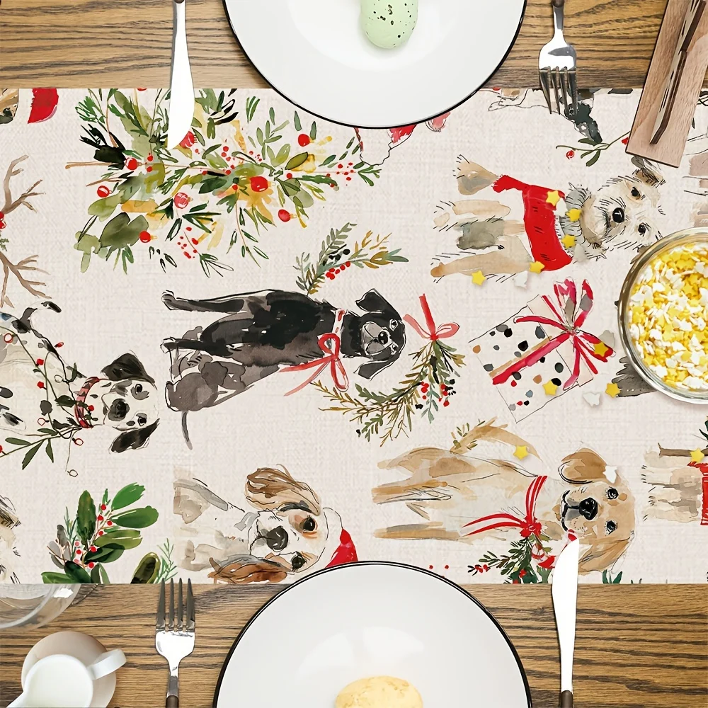 1pc Festive Christmas Dog Table Runner - Watercolor Puppy Illustrations with Holiday Decor,Christmas Dog Decorations