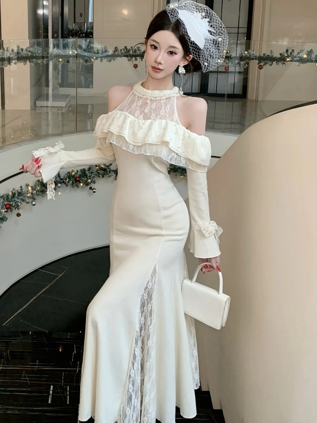 

Ele Lace Splice Long Sve Dr Сексуальное облегающее длинное платье с высокой талией Ciwalk Осень Зима Высокая мода для женщин...