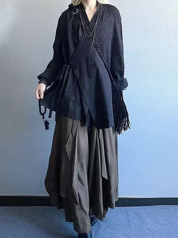 نيو النمط الصيني خمر الرجال والنساء بلوزة مطبوعة Harajuku المتضخم الجرونج قميص Y2k الجمالية الخريف ضمادة الملابس