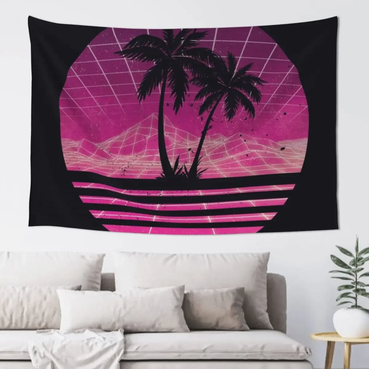 Modern Retro 80s Outrun Sunset Palm Tree Silhouette - Magenta Tapestry Decoration For Home Art Mural Tapestry