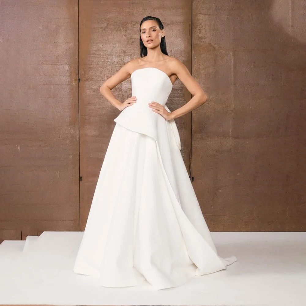 Customized Jersey Strapless Bows Asymmetric Ruffles Pleated A-Line Weeding Dresses Backless Floor Length Elegant Bridal Gown