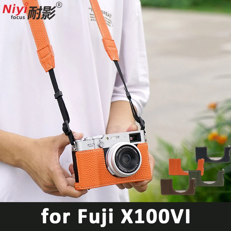 Camera BasePlate for Fujifilm X100VI Fuji X100VI Rough Texture Bottom Open with Shoulder Strap Camera Protector Half Case