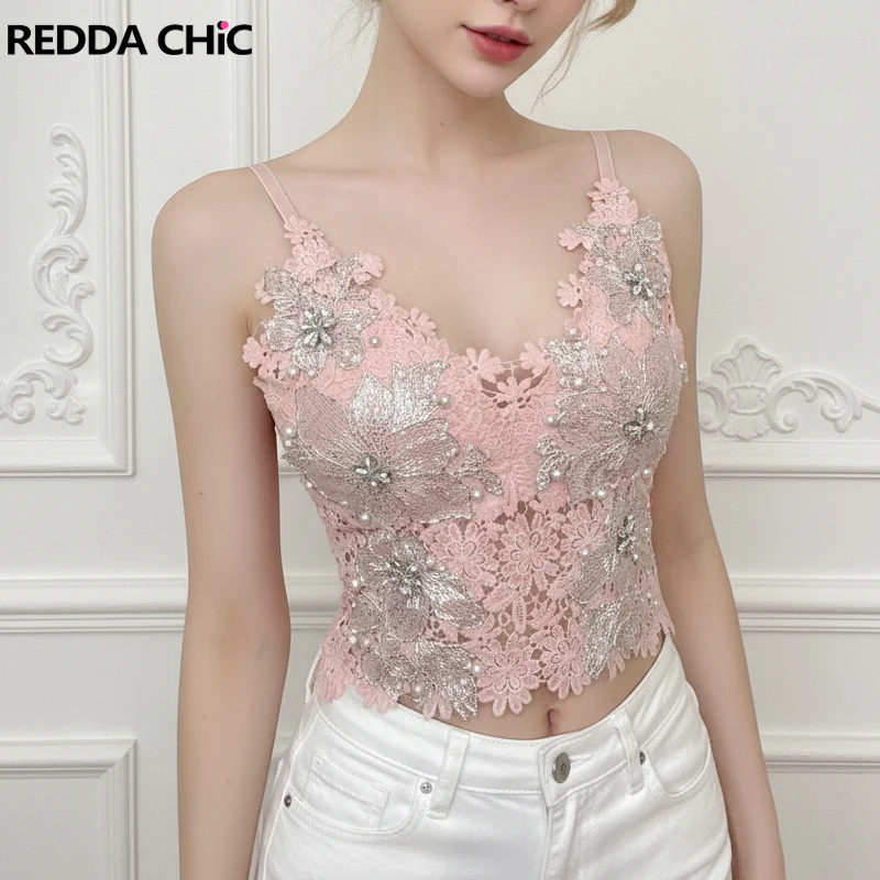 

REDDACHiC Цветочный кружевной укороченный топ, розовый, в стиле кокетка, с ажурным кружевом, V-образным вырезом, без спинки, со встроенным бюстгальтером, на бретельках, женская одежда в стиле феи