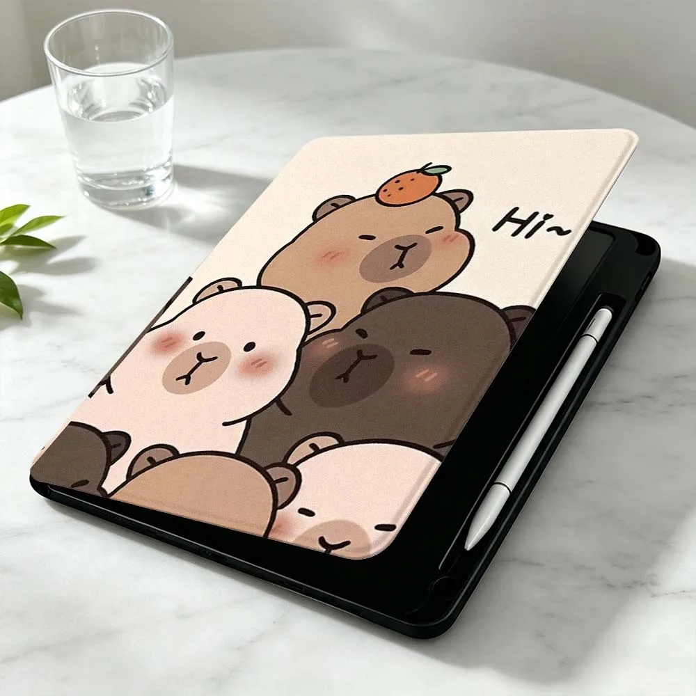 Cartoon Fun Capybara For iPad Pro Air mini 6 5 4 12th M5 M4 M3 M2 A16 A17Pro 360° Rotation Stylus Storage Tablet Case