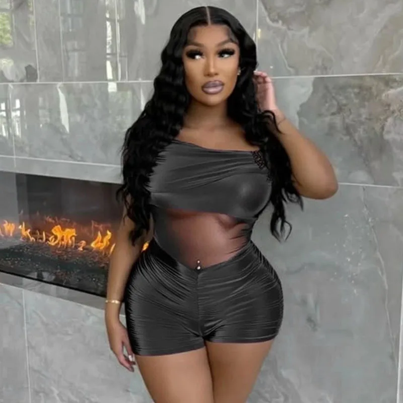 

Сексуальные черные облегающие комбинезоны со рюшами для женщин, комбинезон с открытыми плечами, сетчатый лоскутный прозрачный комбинезон для вечеринок и клубов, шорты