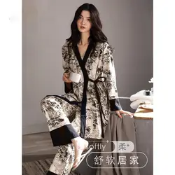 Vintage Print Sleepwear Women Cotton Pajamas Sets Spring Autumn Nightwear Homewear Set Long Sleeve Pants Loose Korean Fashion